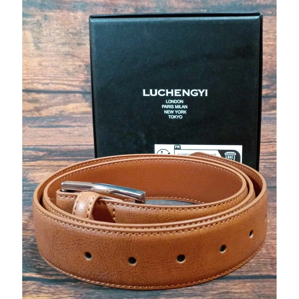 Luchengyi Mens Tan Brown Genuine Leather Belt Size 34‎ Business Casual Silver